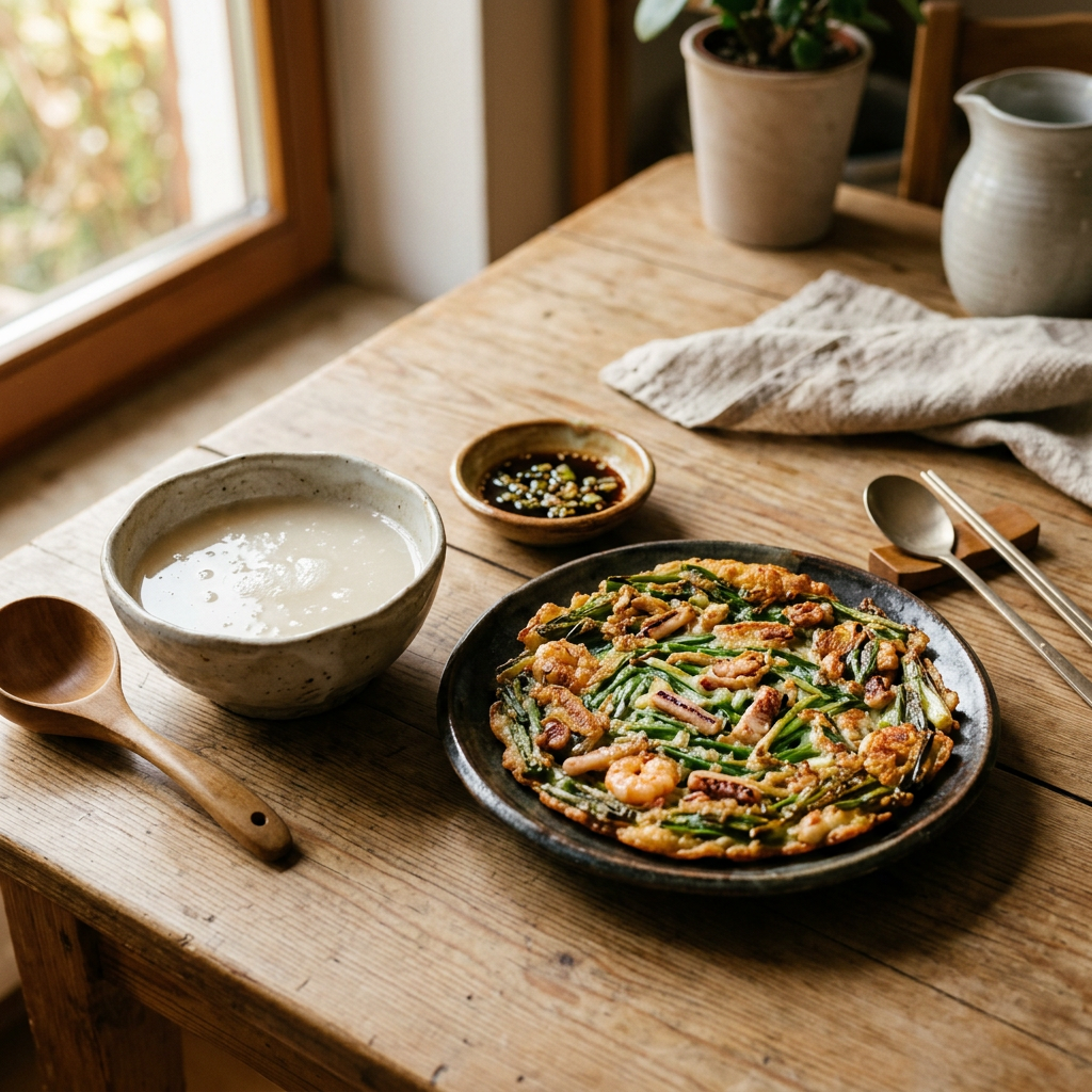 Seafood and scallion pancake with soup and dipping sauce on a wooden table